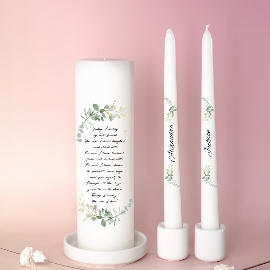 Unity Candles for Wedding, Custom Names Unity Set with Personalized Pillar and Taper Candles with Quote, Religious and Wedding Ceremony